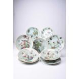 Nine Chinese celadon famille rose dishes, Qing Dynasty