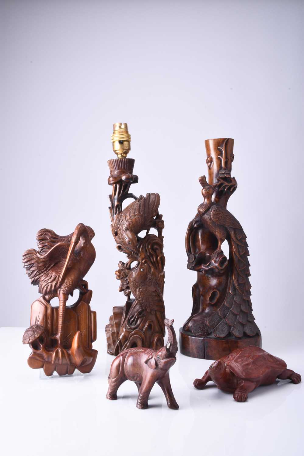 Two Chinese carved hardwood figural lamp bases and three small wood carvings - Image 2 of 12