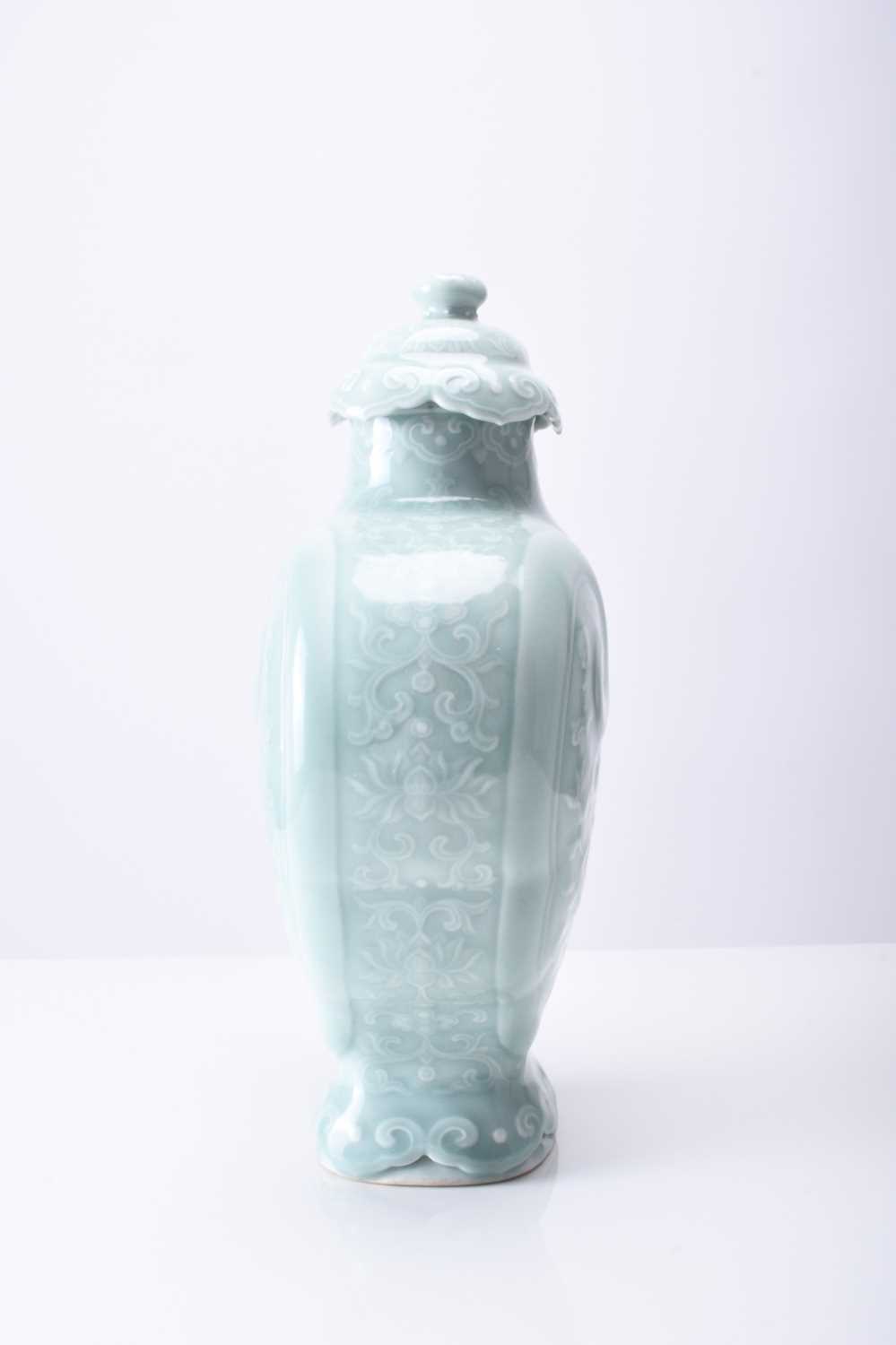 A Chinese carved celadon-glazed Ruyi vase and cover, Qianlong seal mark - Image 3 of 12