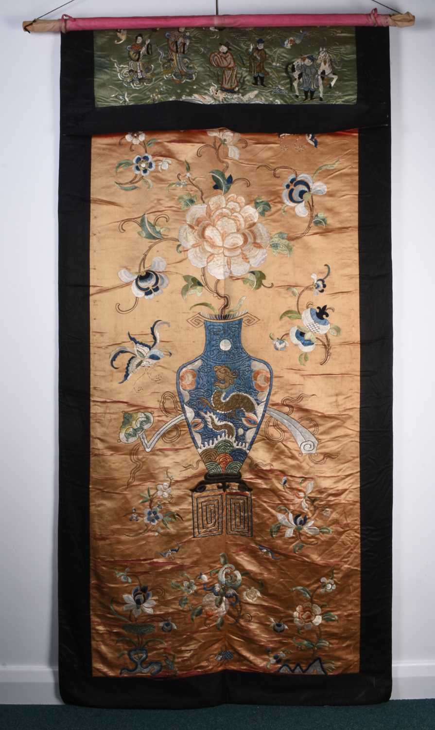 A Chinese embroidered silk wall hanging, Qing Dynasty