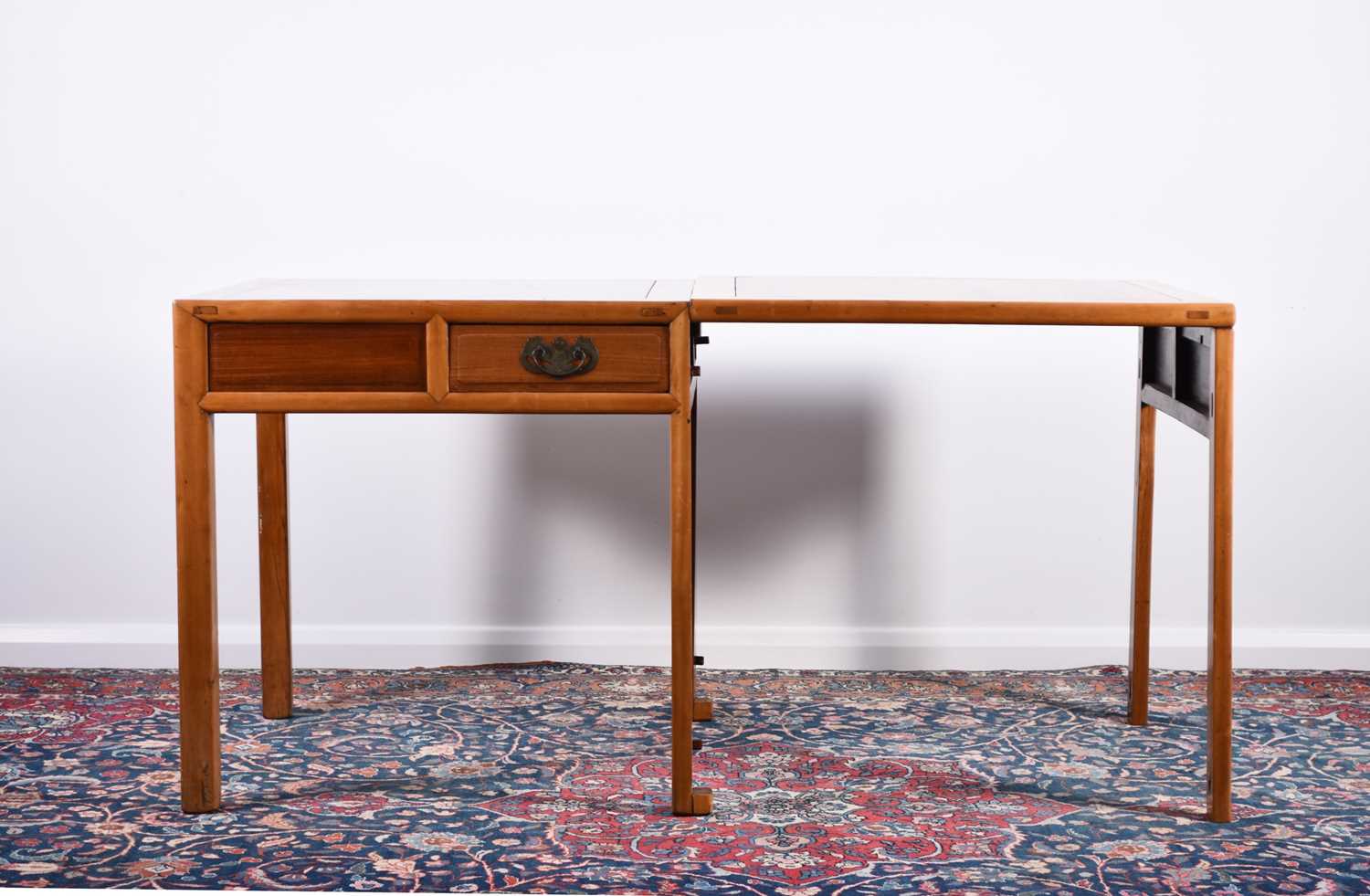 A Chinese mixed wood extending table and four chairs, 20th century - Image 2 of 4