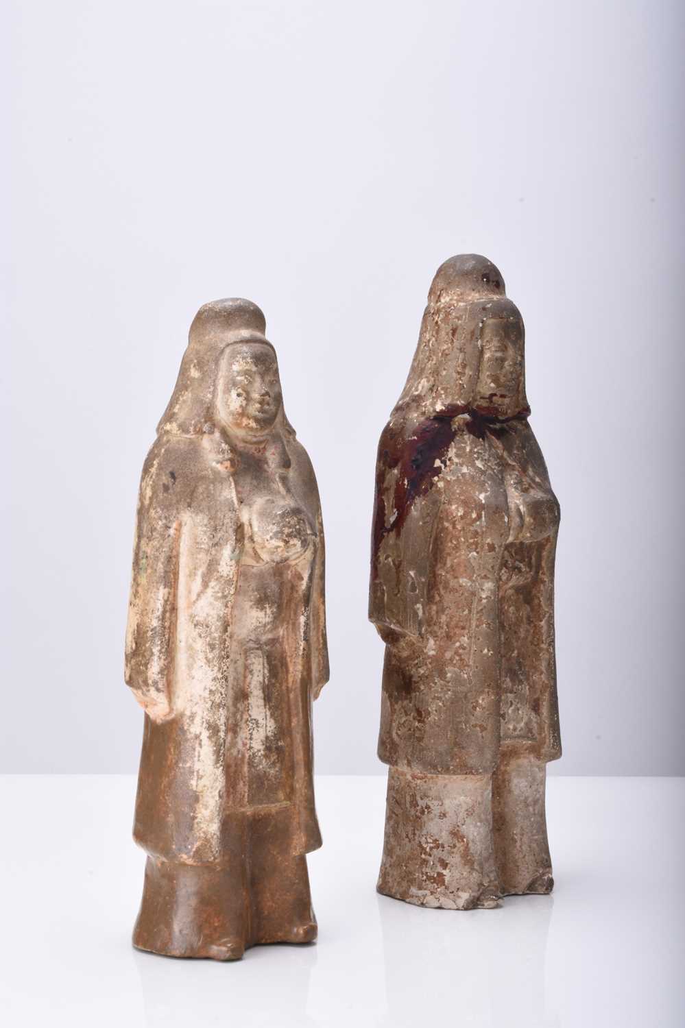 Two Chinese buff pottery attendant figures, Tang Dynasty - Image 2 of 3