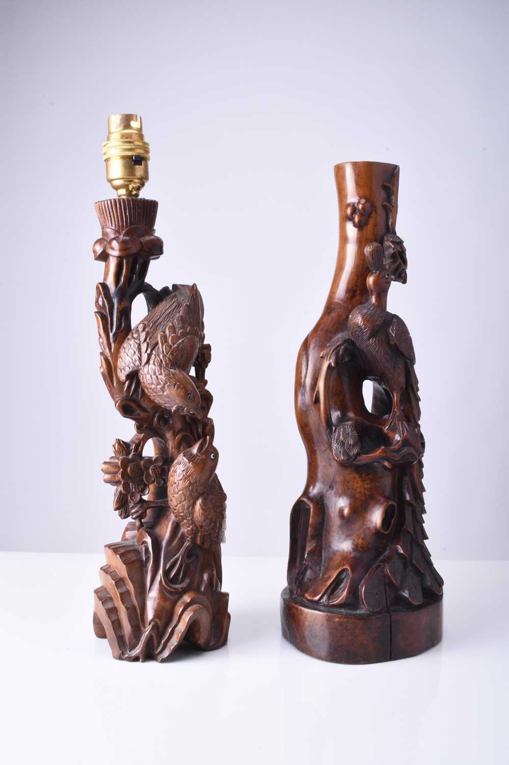 Two Chinese carved hardwood figural lamp bases and three small wood carvings - Image 4 of 12