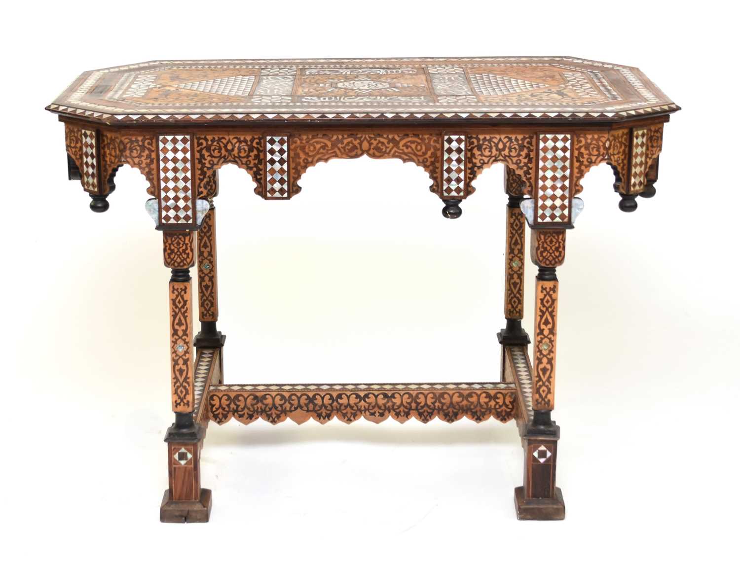 A late 19th century Syrian, rectangular walnut marquetry centre table