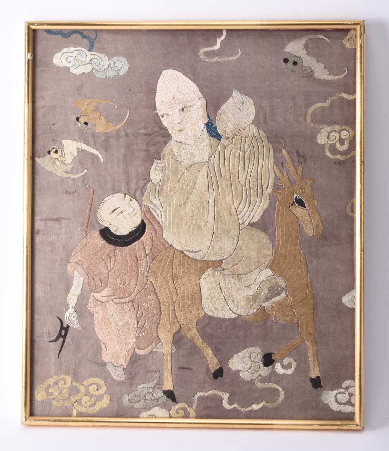 Two Chinese embroidered silk panels of immortals, Qing Dynasty