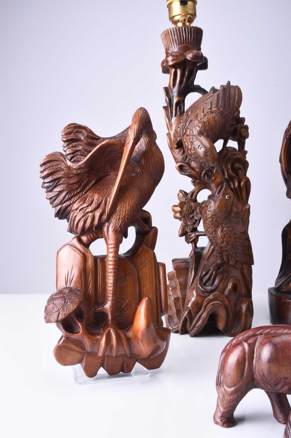 Two Chinese carved hardwood figural lamp bases and three small wood carvings - Image 3 of 12