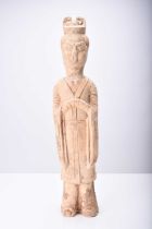 A Chinese buff pottery figure of a maiden, Tang Dynasty