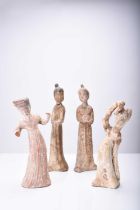 Four Chinese pottery figures of maidens, Tang Dynasty