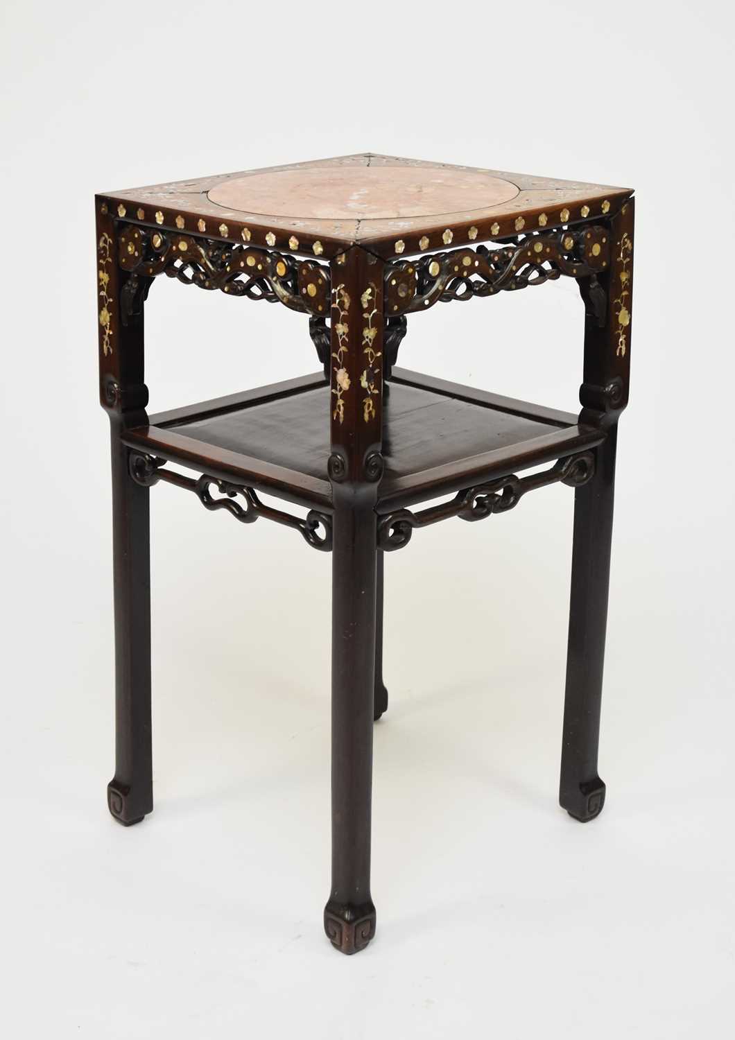 A Chinese inlaid hongmu and marble urn stand, Qing Dynasty