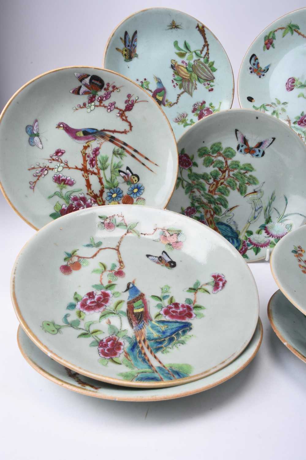 Nine Chinese celadon famille rose dishes, Qing Dynasty - Image 2 of 18