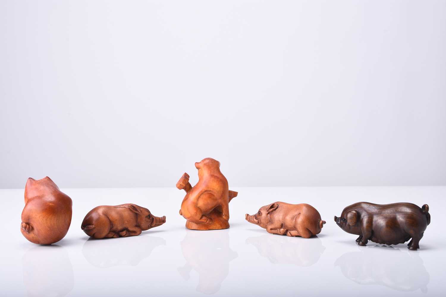 A group of five Japanese wood netsuke of pigs and boars, 20th century - Image 2 of 2