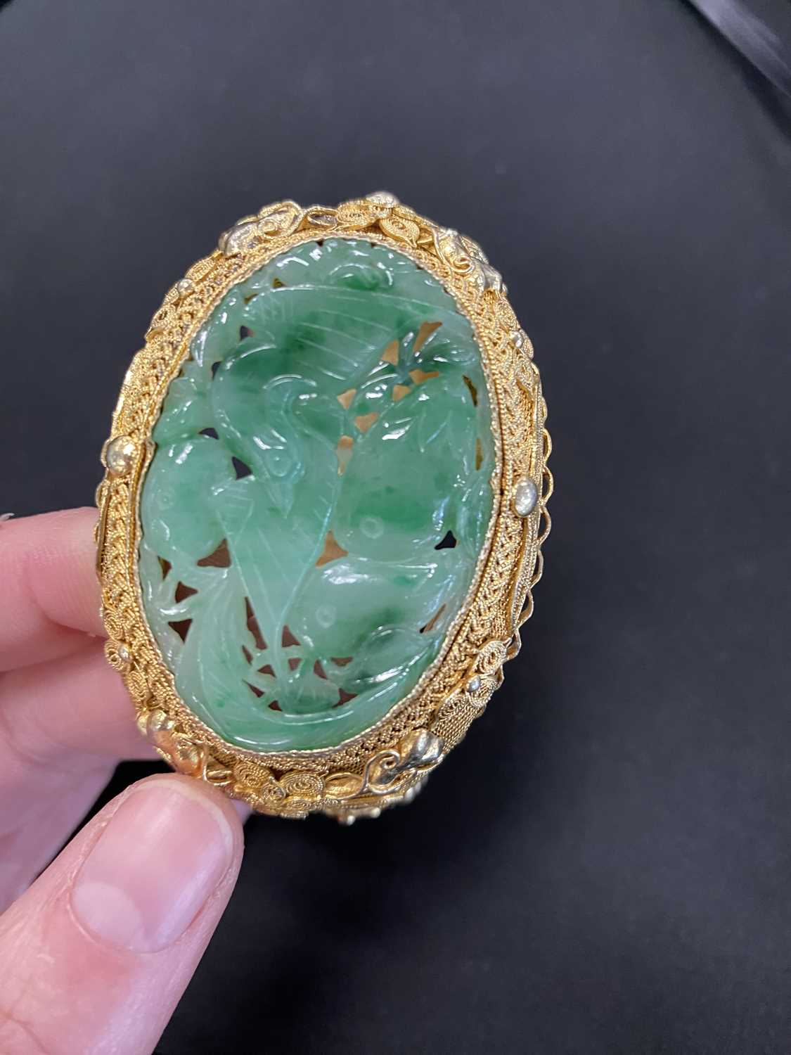 A jade and gilt metal bangle and a pair of jade earrings - Image 14 of 18