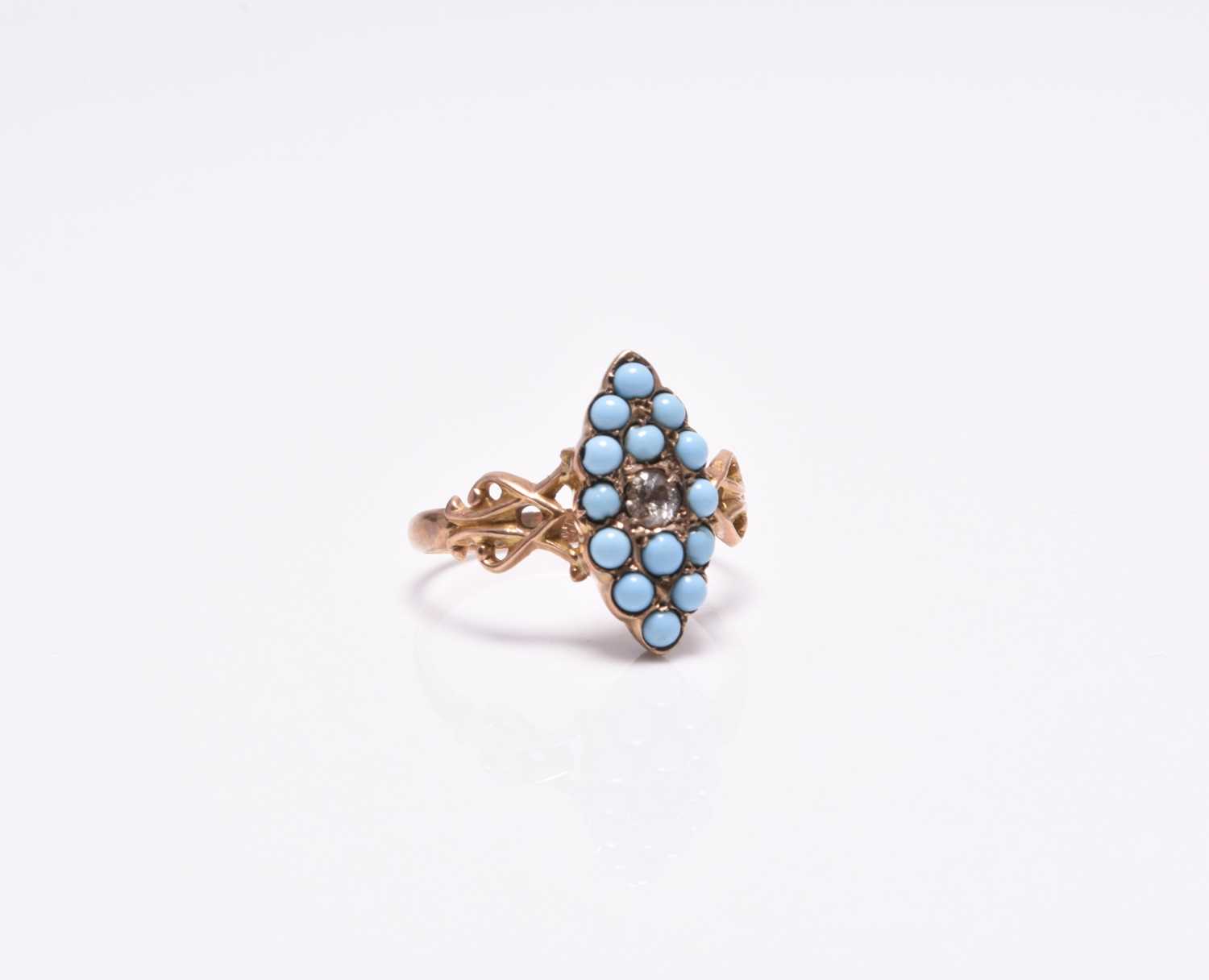 An early 20th century 9ct gold turquoise and diamond marquise cluster ring - Image 3 of 8