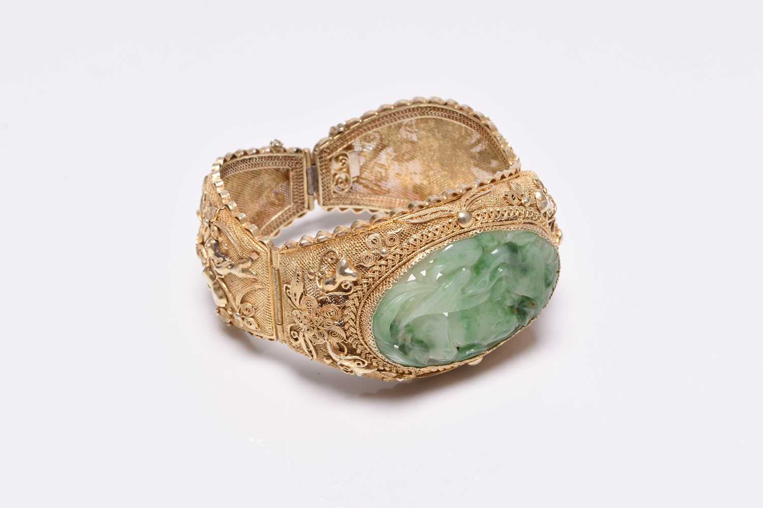 A jade and gilt metal bangle and a pair of jade earrings - Image 2 of 18