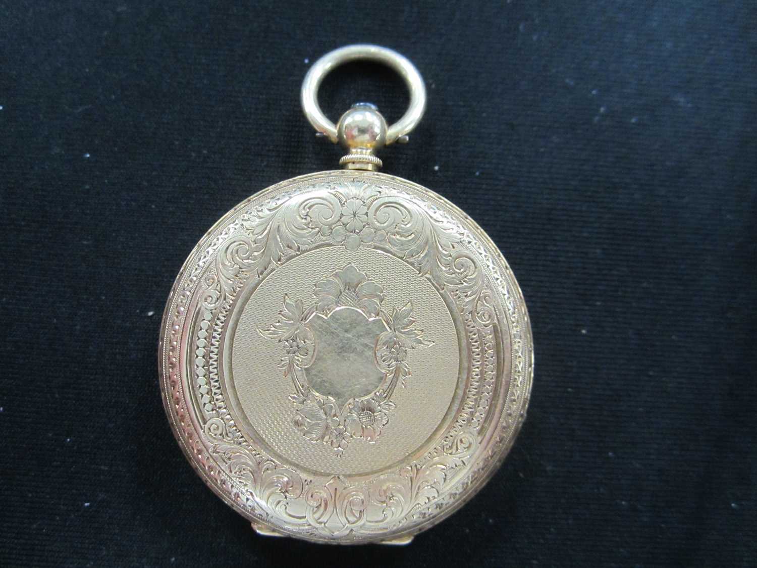 A lady's 18ct gold open face pocket watch, with 9ct mesh fob - Image 4 of 9