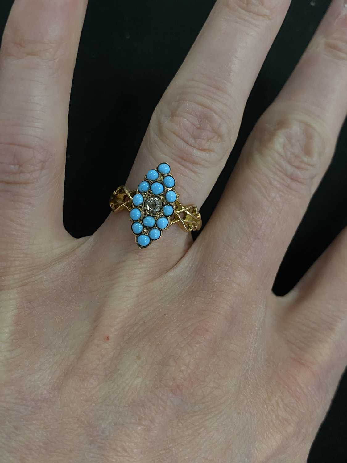 An early 20th century 9ct gold turquoise and diamond marquise cluster ring - Image 4 of 8
