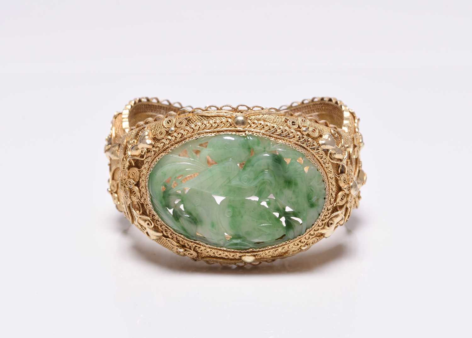 A jade and gilt metal bangle and a pair of jade earrings - Image 3 of 18