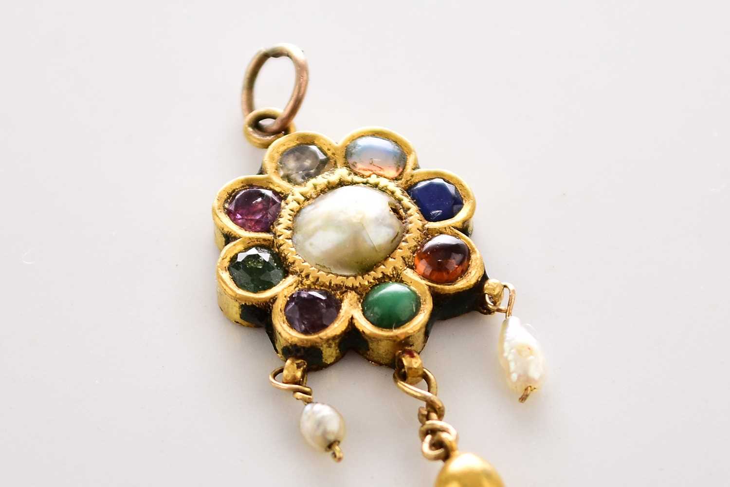 A yellow metal, enamel and stone set cluster pendant - Image 2 of 7