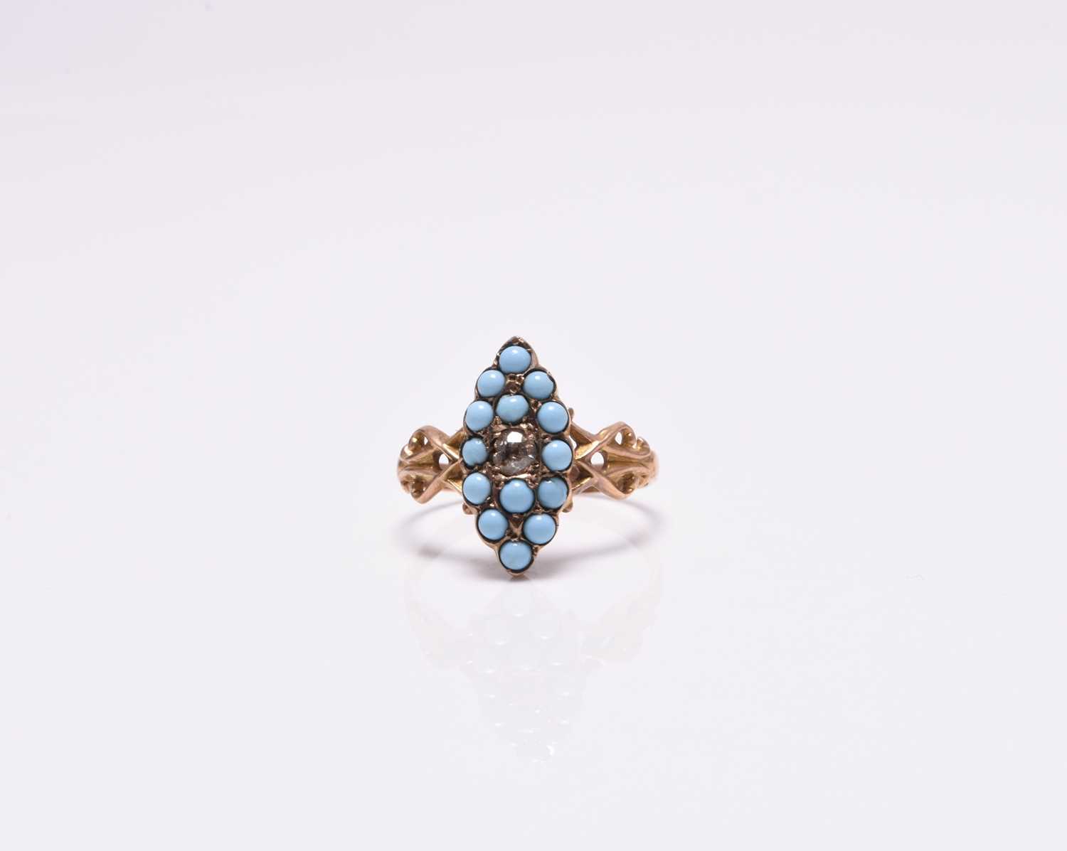 An early 20th century 9ct gold turquoise and diamond marquise cluster ring - Image 2 of 8