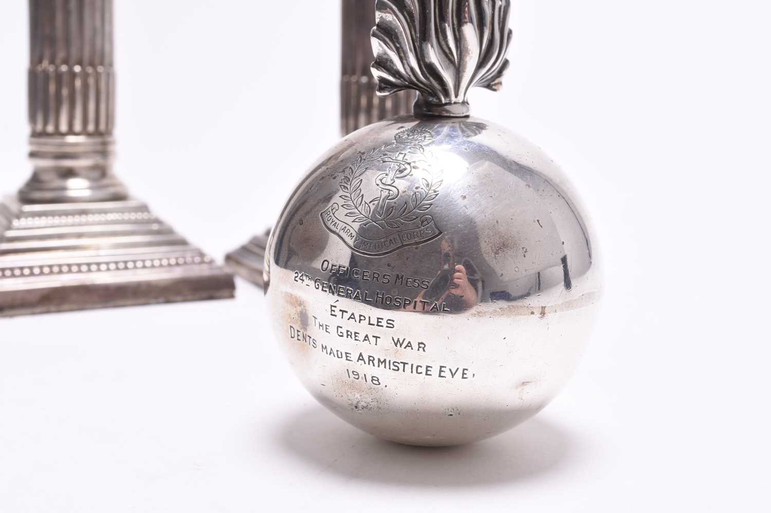 A novelty silver table lighter in the form of a bomb and two candlesticks - Image 3 of 3