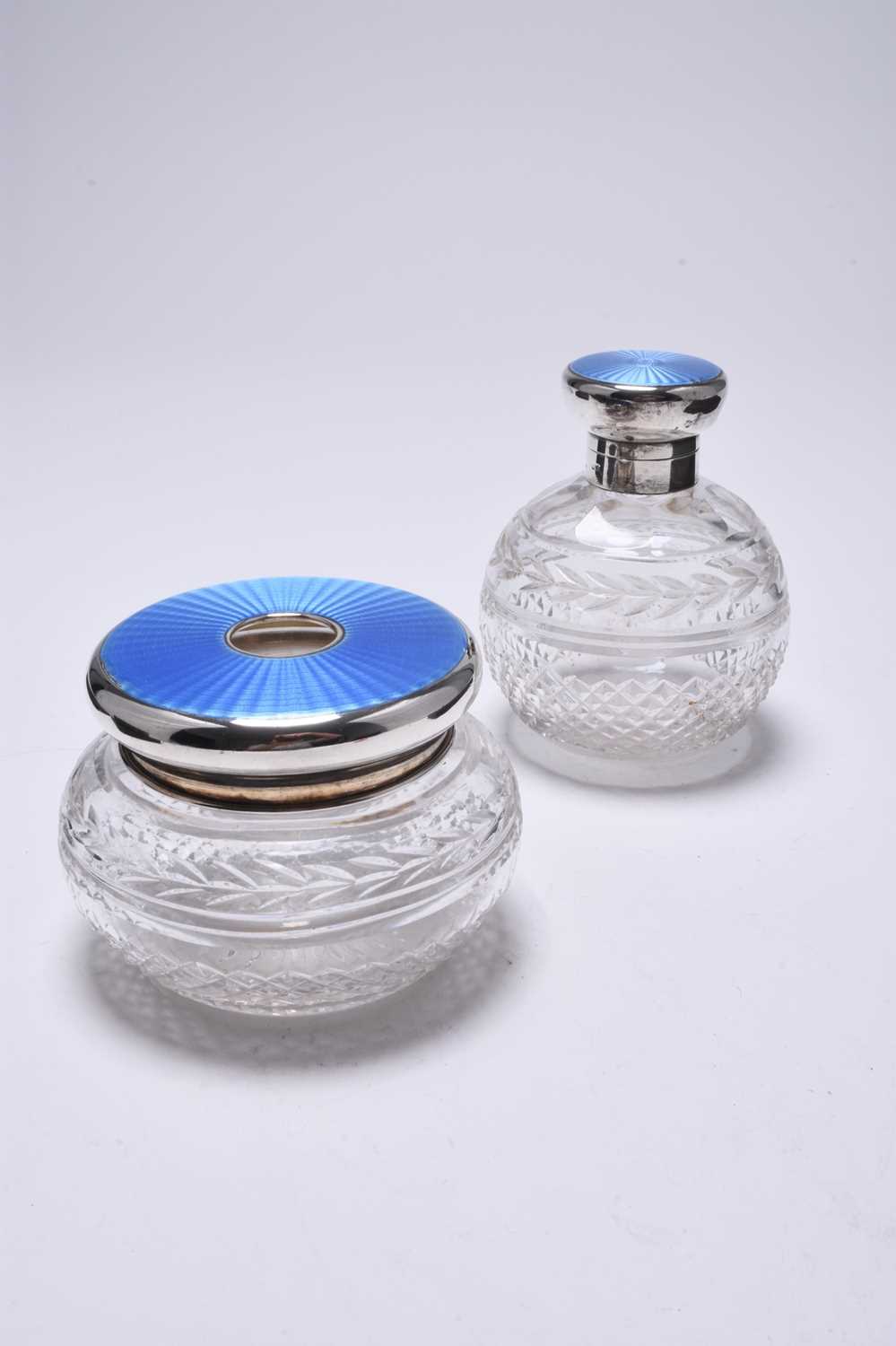 A seven piece silver and blue guilloche enamel mounted dressing table set - Image 4 of 24