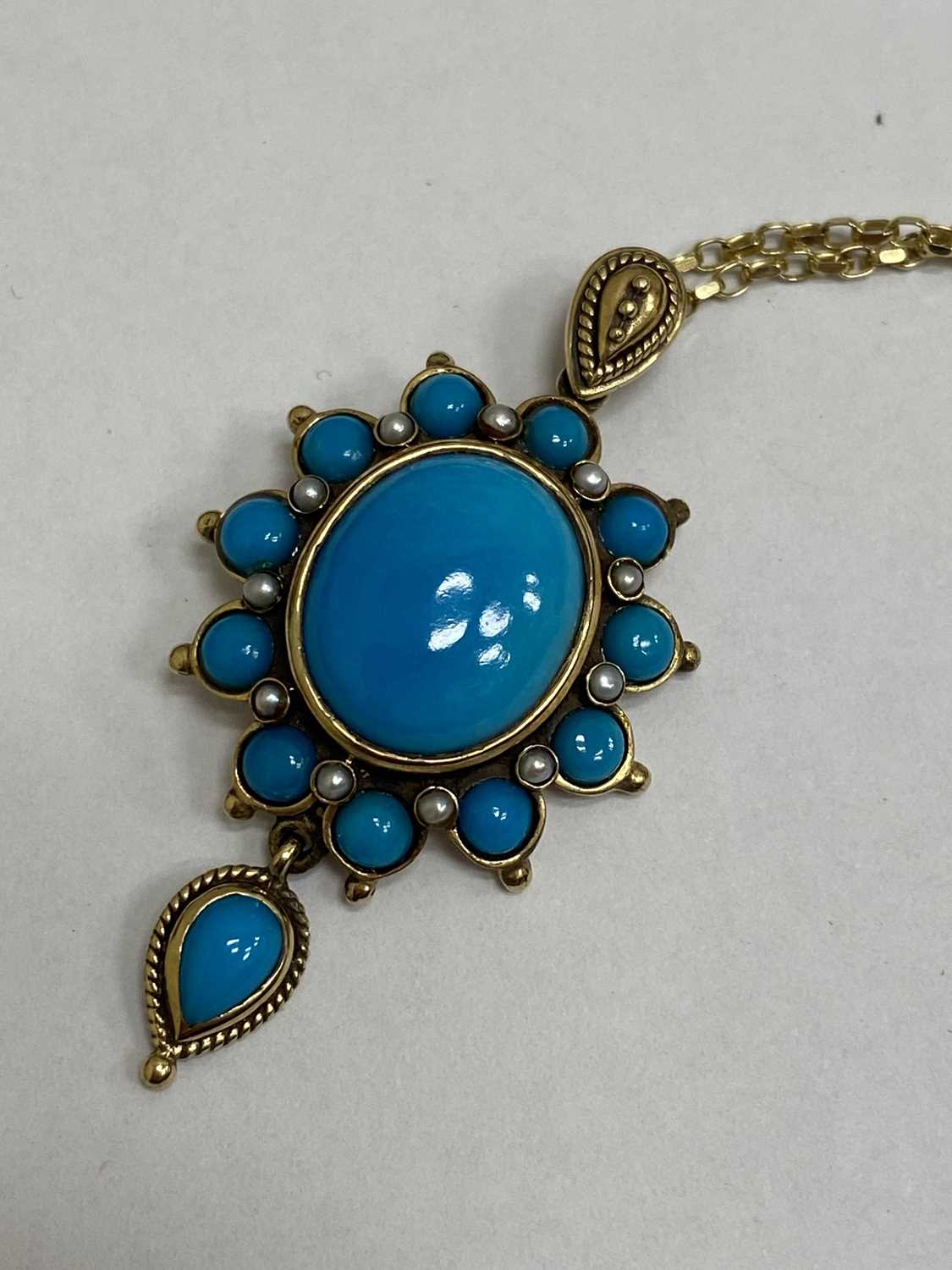 A turquoise and split pearl pendant on chain - Image 2 of 5