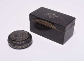 A tortoiseshell and pique work box and a white metal pill box