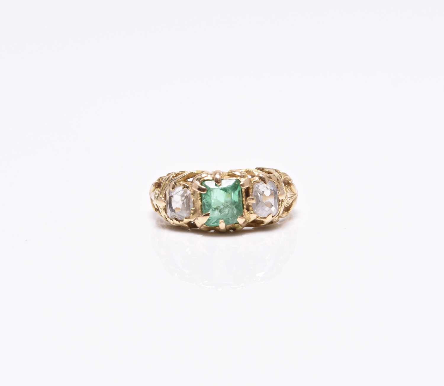 A late 19th century three stone emerald and diamond ring - Image 2 of 12