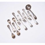 A collection of George III Irish Fiddle and Shell pattern silver flatware