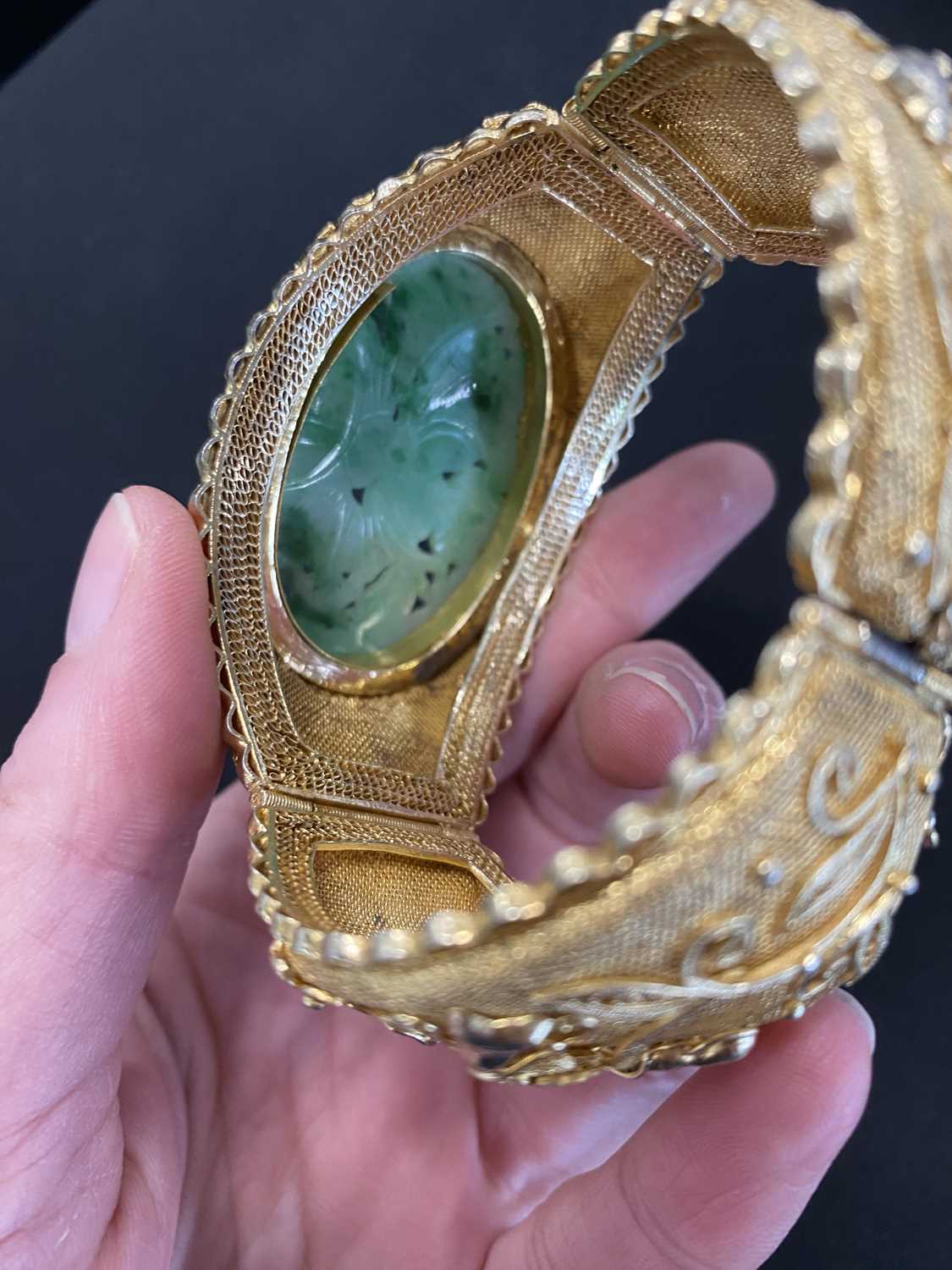 A jade and gilt metal bangle and a pair of jade earrings - Image 15 of 18