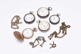 A group of five pocket watches and three base metal watch chains