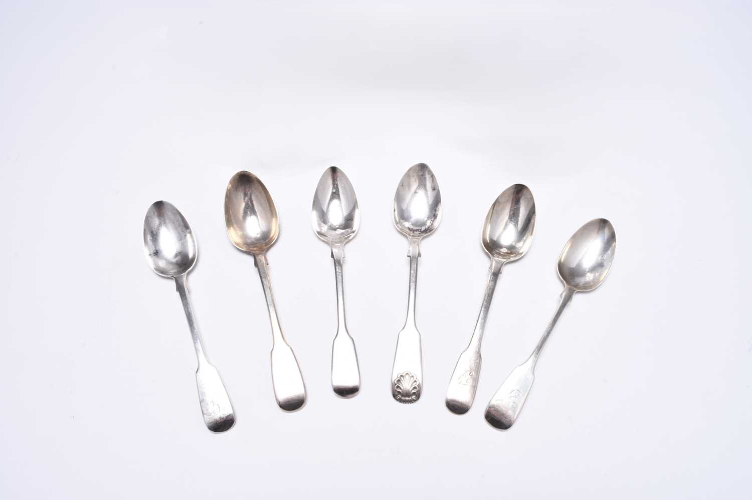 A matched pair of silver mounted cut glass decanters and six silver spoons - Image 3 of 3