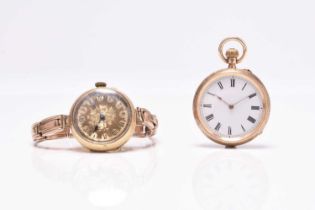 A lady's 15ct gold open face pocket watch, together with an 18ct gold wristwatch on 9ct bracelet