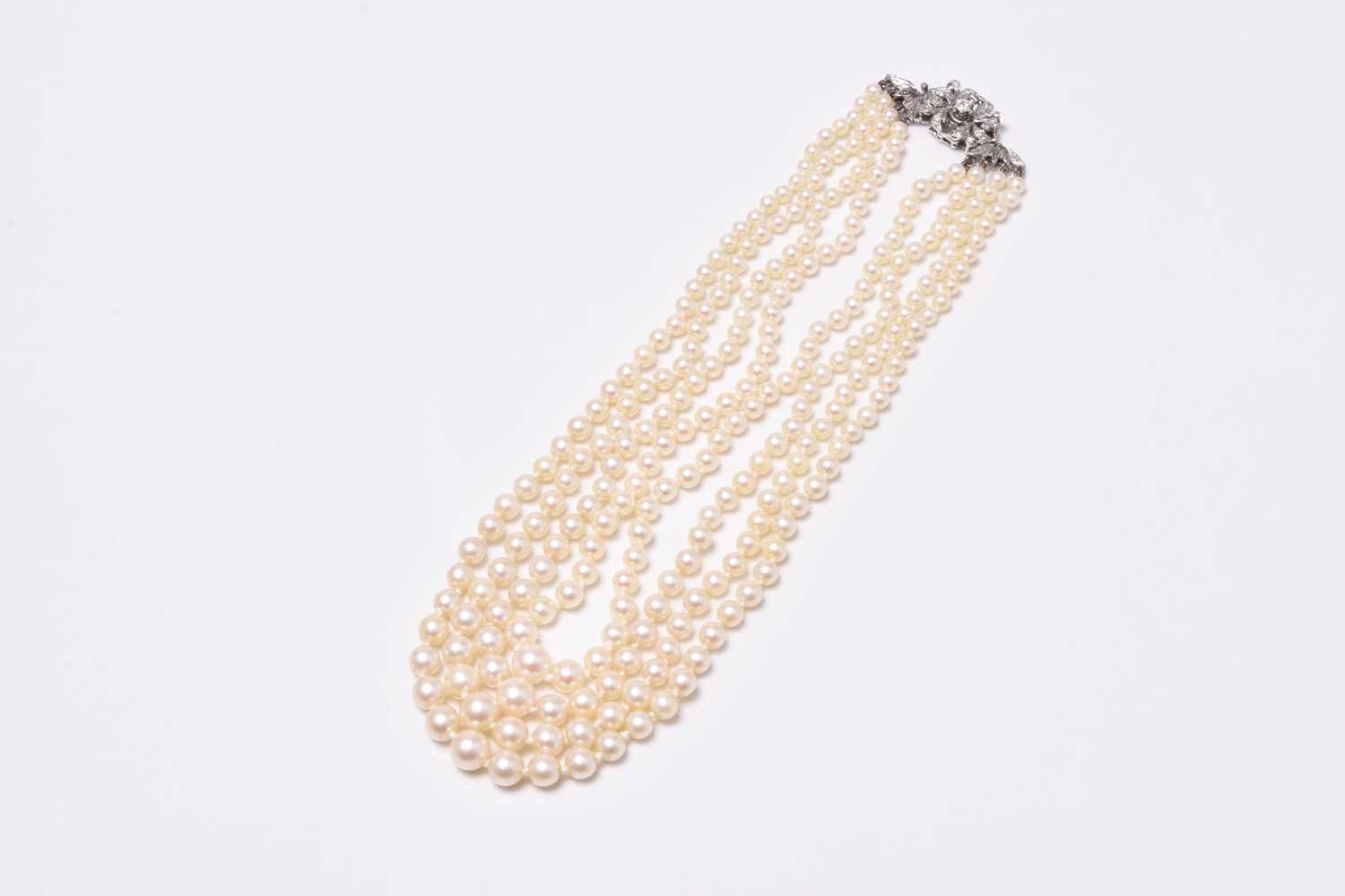 A four strand graduated cultured pearl necklace with 18ct white gold diamond set clasp - Image 3 of 16