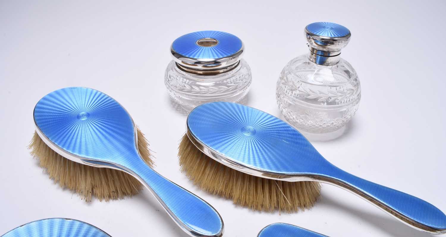A seven piece silver and blue guilloche enamel mounted dressing table set - Image 2 of 24