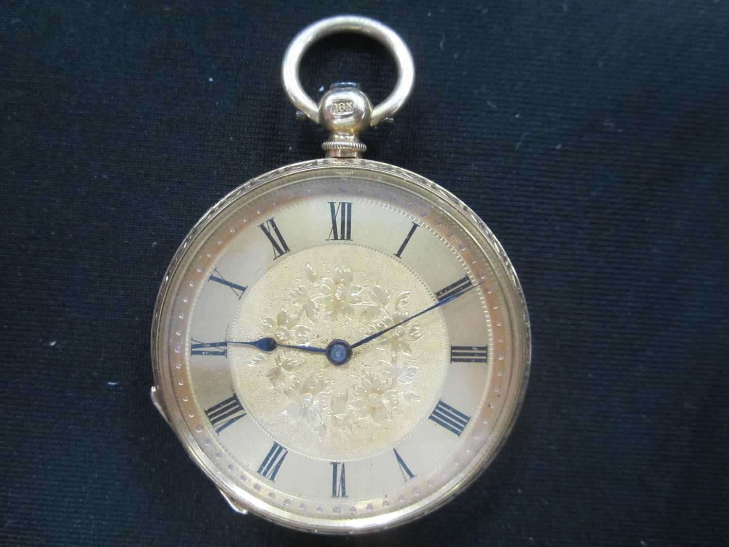 A lady's 18ct gold open face pocket watch, with 9ct mesh fob - Image 3 of 9