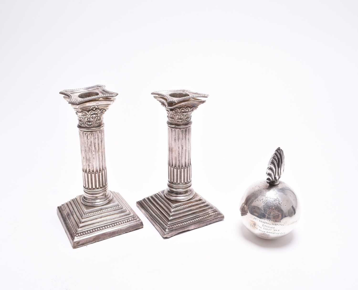 A novelty silver table lighter in the form of a bomb and two candlesticks - Image 2 of 3