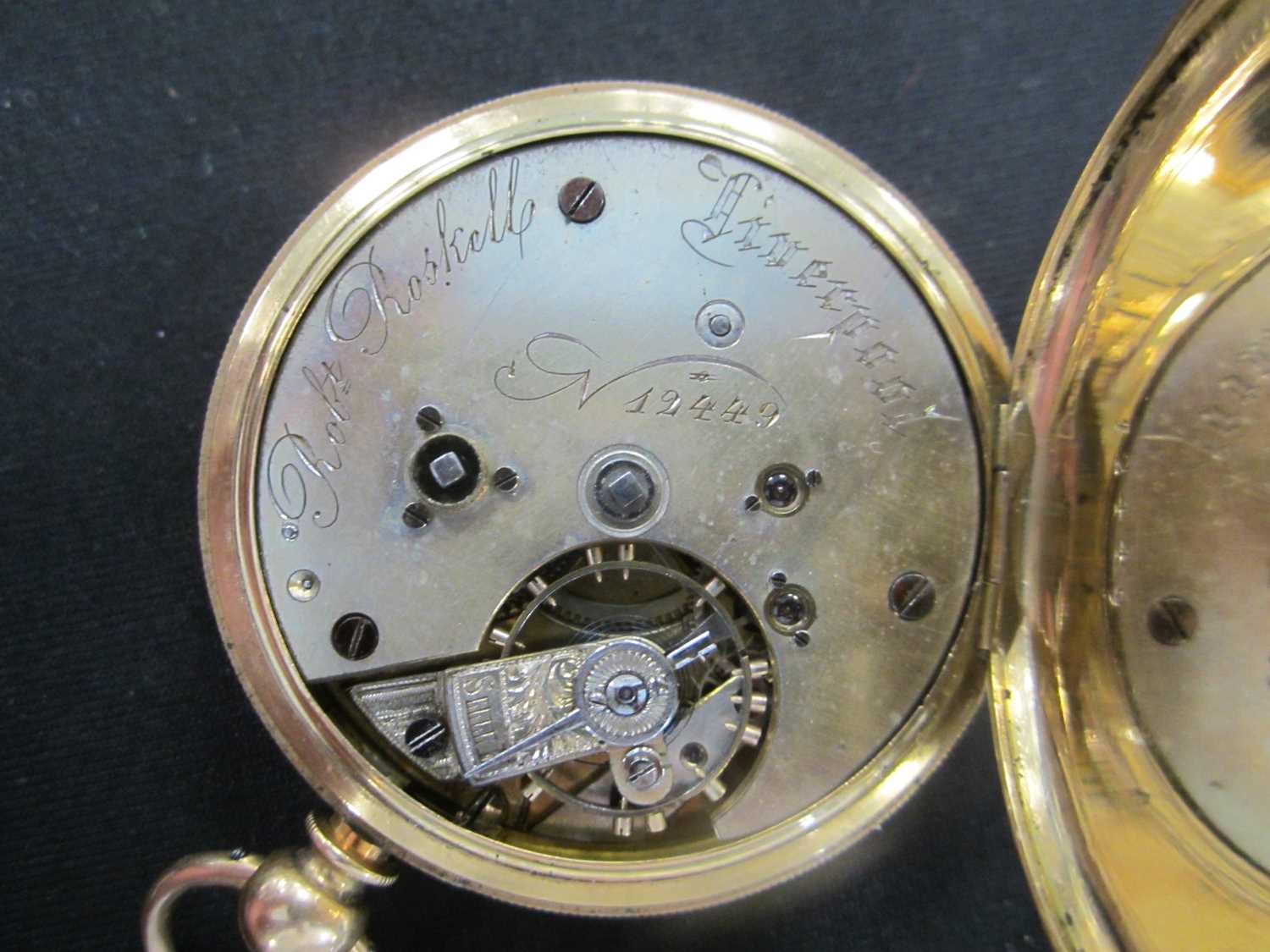 Robert Roskells: An 18ct gold hunter pocket watch with base metal Albert chain - Image 6 of 9