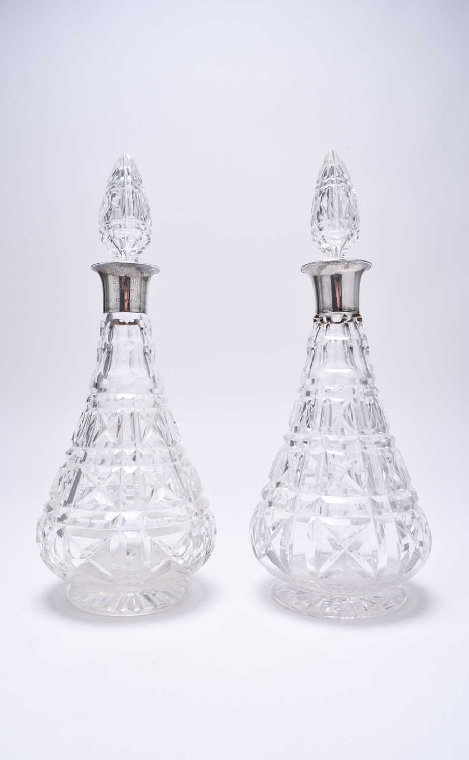 A matched pair of silver mounted cut glass decanters and six silver spoons - Image 2 of 3