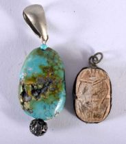 AN EARLY TURQUOISE PENDANT together with an Egyptian scarab beetle pendant. 7 grams. Largest 4.25 cm