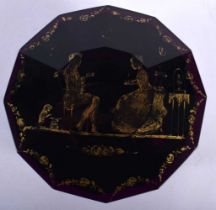 A REGENCY GILDED AMETHYST GLASS BOX AND COVER painted with figures within an interior. 11 cm wide.