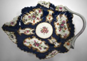 18th century Worcester leaf shaped dish painted with flowers in mirror panels, fretted square