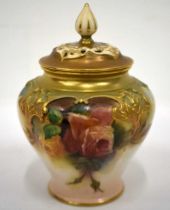 Royal Worcester Hadleyware vase and cover painted with Hadley style rose date mark 1905. 12.5cm