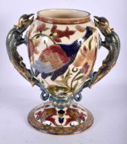 A RARE ANTIQUE HUNGARIAN ZSOLNAY PECS TWIN HANDLED PORCELAIN VASE unusually formed with griffins,