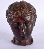 A 19TH CENTURY EUROPEAN GRAND TOUR PAINTED POTTERY HEAD OF A FEMALE After the Antiquity. 12 cm x