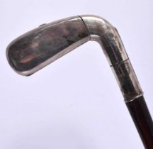 A RARE LATE VICTORIAN NOVELTY SILVER GOLF CLUB VESTA CASE WALKING CANE SUNDAY STICK with carved wood
