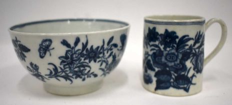 18th century Worcester coffee can and small bowl printed with the three flower pattern. Bowl 10cm