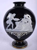 A VICTORIAN PATE SUR PATE ENAMELLED GLASS VASE painted with classical figures. 20 cm x 12 cm.