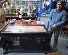 AN IMPORTANT PAIR OF EXCEPTIONAL 19TH CENTURY CHINESE CARVED HARDWOOD MARBLE INSET CONSOLE TABLES