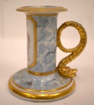 Early 19th century Flight, Barr Worcester chamberstick with gilt panel painted in puce with a